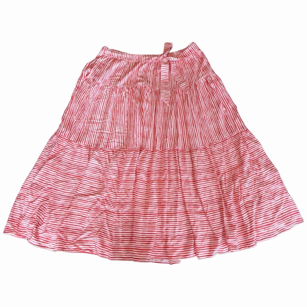 Land's End 100% Midi Skirt White Coral Red Vertical Stripes Size XL Womens 18